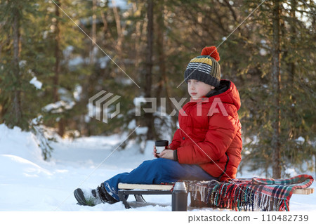 A boy in a red jacket and a knitted hat sits on sled in the winter forest. 110482739