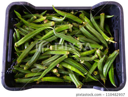 Photo shows garden stuff shop window with display plastic boxes filled with okra fruits. 110482937