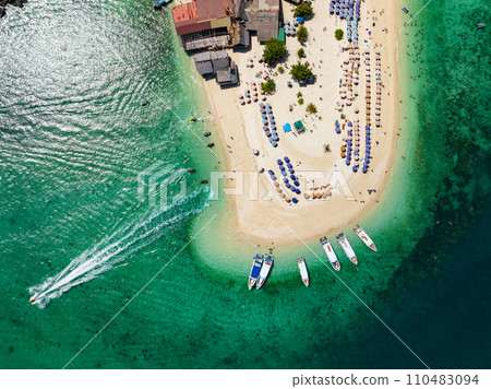 Aerial view drone shot of Amazing small island beautiful tropical sandy beach landscape view at koh Khai maew Island in Phang Nga Thailand,Amazing small island with many Cats live in small island 110483094
