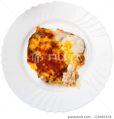 Eggplant stuffed with young cheese baked under egg crust. Eggplant stuffed with young cheese baked under egg crust. 110483528