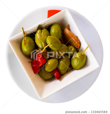 Green olives served with pepper and garlic Green olives served with pepper and garlic 110483569