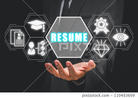 Resume concept, Businessman hand holding resume icon on virtual screen, HR, job offer and recruit applicants. 110483609