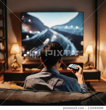 "AI-generated image" of a man sitting on a sofa in a dark room and watching TV 110484096
