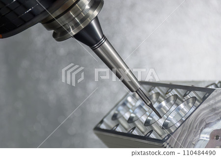 The 5-axis machining center cutting the V8 engine cylinder block with solid ball end mill tool. 110484490