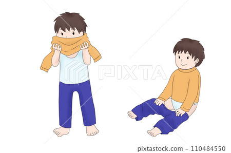 一個男孩試圖自己換衣服的插圖 一個男孩試圖自己換衣服的插圖 110484550