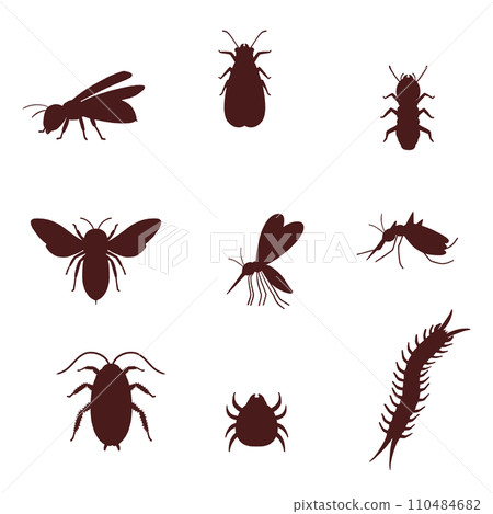 Silhouette illustration set of realistic pests such as cockroaches, bees, mites, etc. 110484682