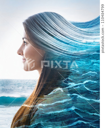 Double exposure of a beautiful woman and the sea "AI generated image" 110484799