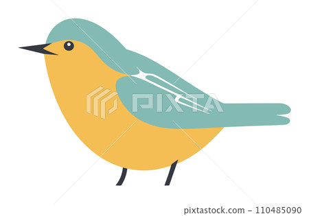 Stylized bird with blue head, orange body, simple shapes. Minimalist bird design, nature theme, children's book illustration. Vector illustration. 110485090