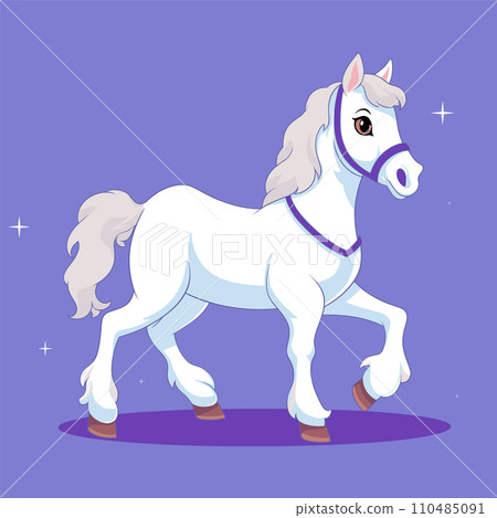White majestic cartoon horse with purple harness on purple background. Magical stallion with shining mane and cute expression vector illustration White majestic cartoon horse with purple harness on purple background. Magical stallion with shining mane and cute expression vector illustration 110485091