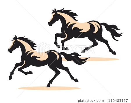 Two horses galloping dynamically, stylized brown equines on the move. Elegance and freedom in animal motion vector illustration. Two horses galloping dynamically, stylized brown equines on the move. Elegance and freedom in animal motion vector illustration. 110485157