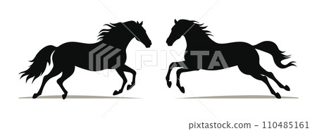 Two silhouette horses galloping side by side, black on white background. Equestrian elegance and dynamic motion vector illustration. 110485161