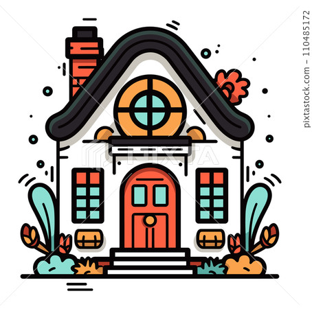 Colorful cozy cottage house with plants, chimney and round attic window. Cartoon style home exterior with vibrant colors vector illustration. Colorful cozy cottage house with plants, chimney and round attic window. Cartoon style home exterior with vibrant colors vector illustration. 110485172