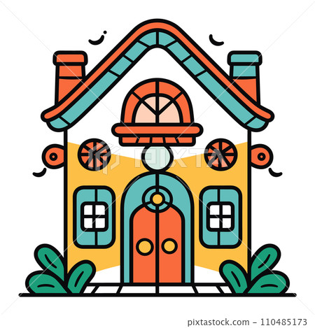 Colorful cartoon house with ornate windows and chimney. Quirky cute home with playful details and greenery. Cozy residence and cheerful architecture vector illustration. 110485173