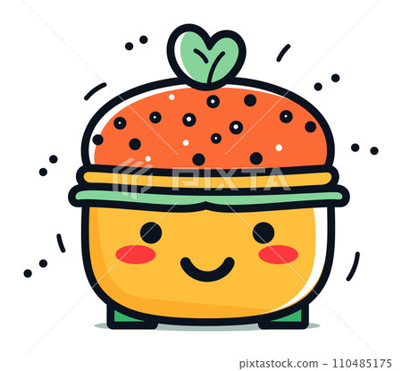 Cute animated strawberry burger character smiling. Adorable food mascot with happy face. Kids menu and fun nutrition vector illustration. Cute animated strawberry burger character smiling. Adorable food mascot with happy face. Kids menu and fun nutrition vector illustration. 110485175