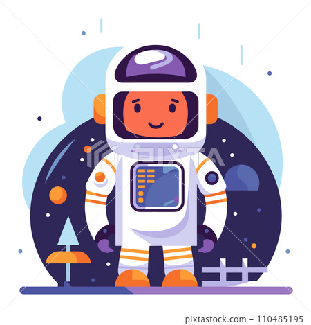 Cartoon astronaut standing on moon surface with space background. Smiling character in space suit exploring cosmos. Childhood dream and space adventure vector illustration. Cartoon astronaut standing on moon surface with space background. Smiling character in space suit exploring cosmos. Childhood dream and space adventure vector illustration. 110485195