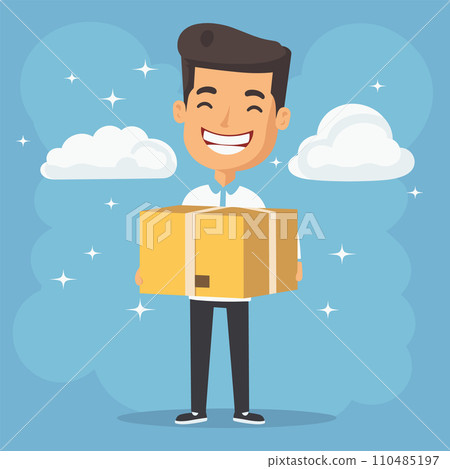 Happy delivery man holding a large cardboard box, beaming smile, blue background with clouds. Cheerful courier delivering a package, cartoon character. 110485197