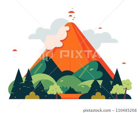 Stylized colorful volcano eruption with lush green forest. Nature disaster, volcanic activity in tropical landscape vector illustration. 110485208