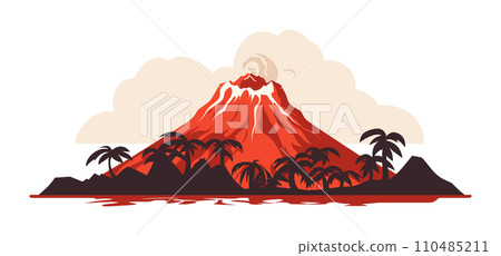 Erupting volcano with lava flow and palm trees. Natural disaster volcanic eruption with smoke clouds vector illustration. 110485211