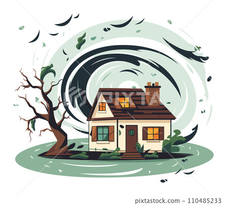 Cottage house engulfed by a tornado with a barren tree bending. Natural disaster and severe weather illustration. Catastrophe and emergency preparedness vector illustration. Cottage house engulfed by a tornado with a barren tree bending. Natural disaster and severe weather illustration. Catastrophe and emergency preparedness vector illustration. 110485233