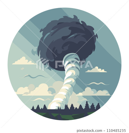 Tornado touching down near trees with dark clouds. Severe weather and natural disaster concept vector illustration. Tornado touching down near trees with dark clouds. Severe weather and natural disaster concept vector illustration. 110485235