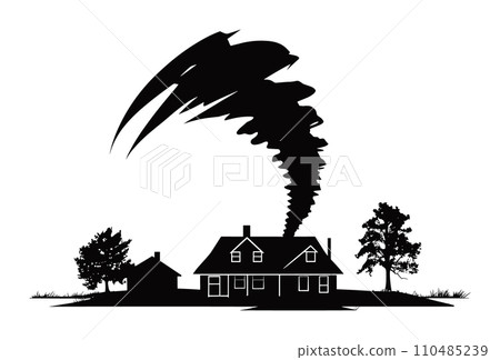 Black silhouette of a tornado touching down near a house with trees. Weather disaster and home danger concept vector illustration. 110485239