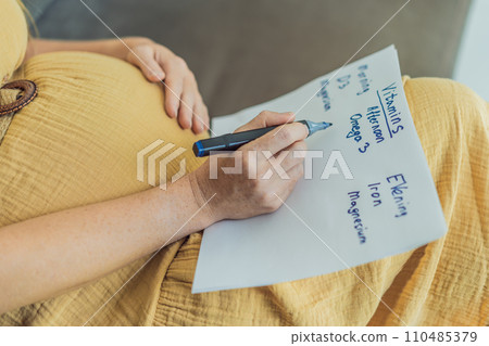 Expectant woman diligently compiles a list of doctor-prescribed vitamins for a healthy pregnancy, ensuring optimal care and well-being 110485379