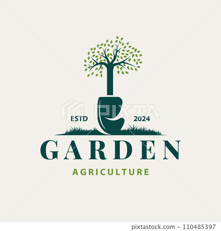 Garden logo inspirational design for simple vintage style plantation equipment for a nature concept company brand 110485397