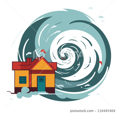 House caught in a giant tornado with swirling wind and debris, Extreme weather and natural disaster scene, Home insurance concept vector illustration House caught in a giant tornado with swirling wind and debris, Extreme weather and natural disaster scene, Home insurance concept vector illustration 110485469
