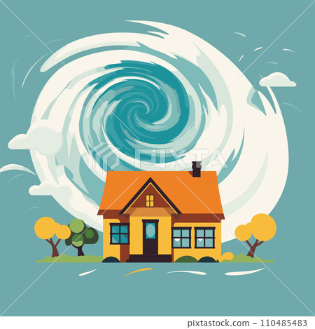 A cartoon house with a swirling tornado above it against a blue backdrop. Nature disaster concept and extreme weather vector illustration. 110485483