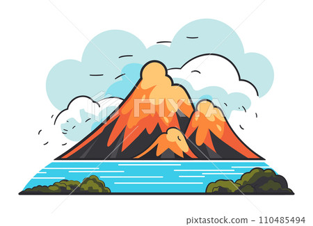 Erupting volcano with lava, clouds and river. Stylized natural disaster scene. Cataclysm and majestic force of nature vector illustration. 110485494