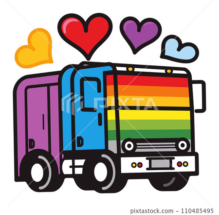 Colorful bus with rainbow stripes and love hearts. Pride parade transportation concept. LGBT rights and diversity vector illustration. 110485495