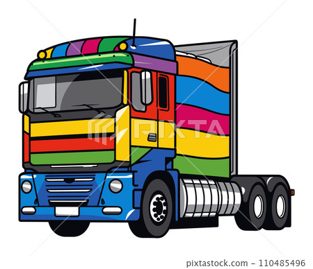 Colorful semi truck, rainbow stripes, transport vehicle, 18-wheeler. Bright transportation theme, cargo delivery concept vector illustration. 110485496