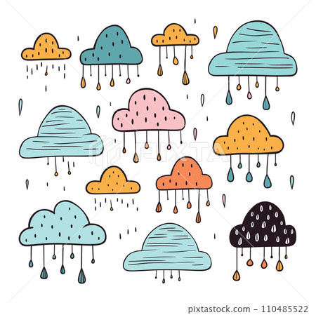 Colorful clouds with raindrops in various shapes and sizes. Hand drawn rainy weather pattern. Cute and playful rainy clouds vector illustration. 110485522