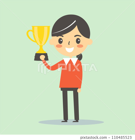 Young Asian businesswoman holding a trophy, smiling in triumph. Professional success and achievement theme vector illustration. Young Asian businesswoman holding a trophy, smiling in triumph. Professional success and achievement theme vector illustration. 110485523