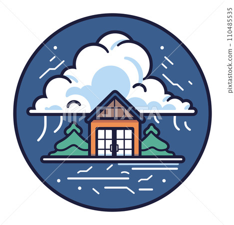 Cabin in rainstorm with trees and clouds. Weather disaster and secure home concept. Emergency preparedness vector illustration. 110485535