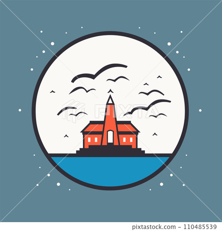 Red church building with steeple, birds flying, night sky with full moon and stars. Circular frame with serene evening church scene vector illustration. 110485539