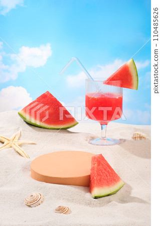Watermelons and snail shells are decorated on a sandy background with a round platform. Empty space for product display. Summer, tropical, picnic theme. Watermelons and snail shells are decorated on a sandy background with a round platform. Empty space for product display. Summer, tropical, picnic theme. 110485626