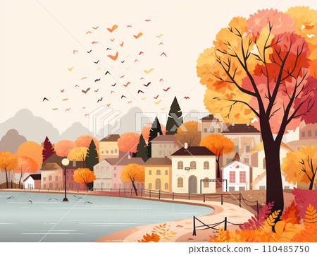 Autumn leaves cityscape illustration material 110485750