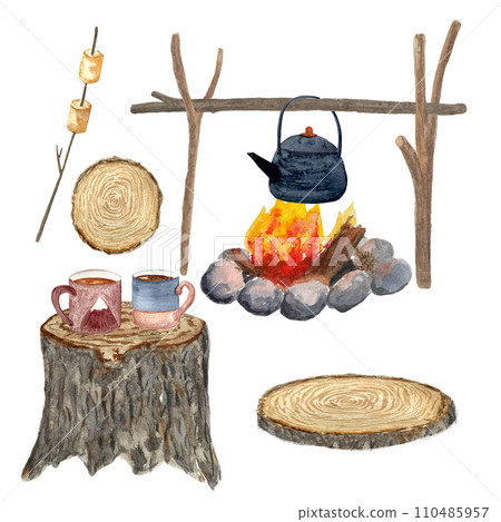 Watercolor camping kettle set bonfire mugs isolated on white 110485957
