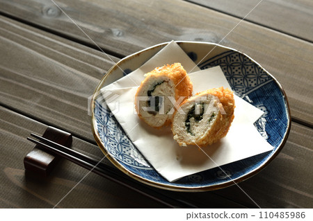 Fried chicken breast wrapped in shiso leaves Fried chicken breast wrapped in shiso leaves 110485986