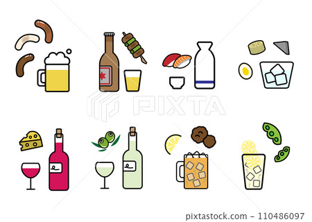 Illustration set of various alcoholic beverages and snacks Illustration set of various alcoholic beverages and snacks 110486097