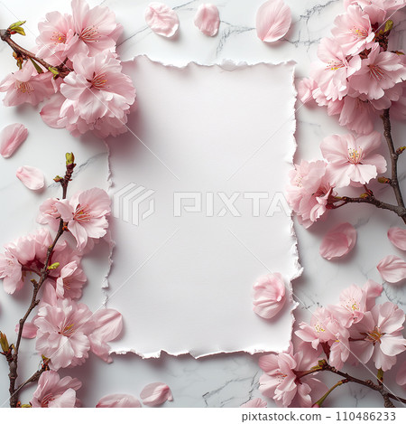White message card on cherry blossom background 110486233