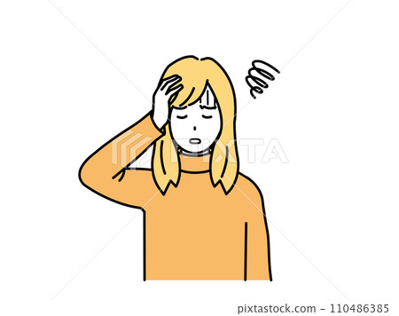 Symptoms of headache and anemia: Illustration of a young woman holding her head Symptoms of headache and anemia: Illustration of a young woman holding her head 110486385