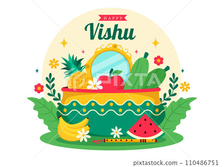Happy Vishu Festival Vector Illustration with Krishna,Traditional Kerala Kani, Fruits and Vegetables in National Holiday Flat Cartoon Background 110486751