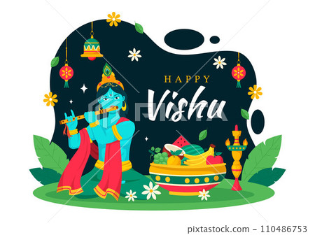 Happy Vishu Festival Vector Illustration with Krishna,Traditional Kerala Kani, Fruits and Vegetables in National Holiday Flat Cartoon Background 110486753