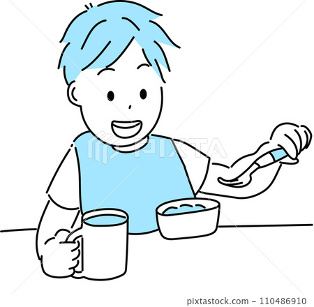 Illustration of a boy eating baby food Illustration of a boy eating baby food 110486910