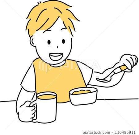 Illustration of a boy eating baby food Illustration of a boy eating baby food 110486911