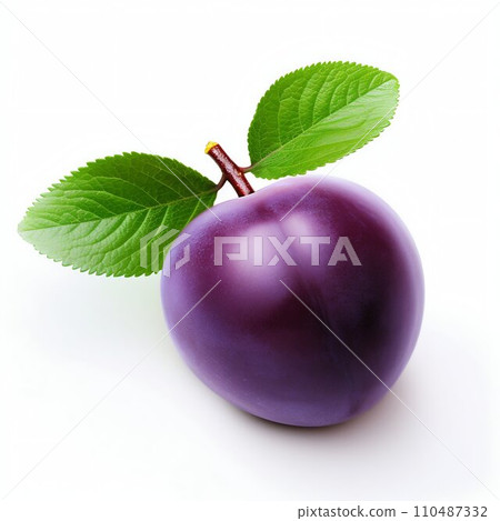 AI-generated content. Ripe Plum with Fresh Leaf on White. Generative ai AI-generated content. Ripe Plum with Fresh Leaf on White. Generative ai 110487332