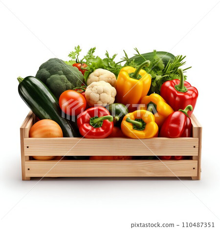 AI-generated content. Wooden Crate with Fresh Veggies on White. Generative ai 110487351