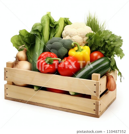 AI-generated content. Wooden Crate with Fresh Veggies on White. Generative ai AI-generated content. Wooden Crate with Fresh Veggies on White. Generative ai 110487352